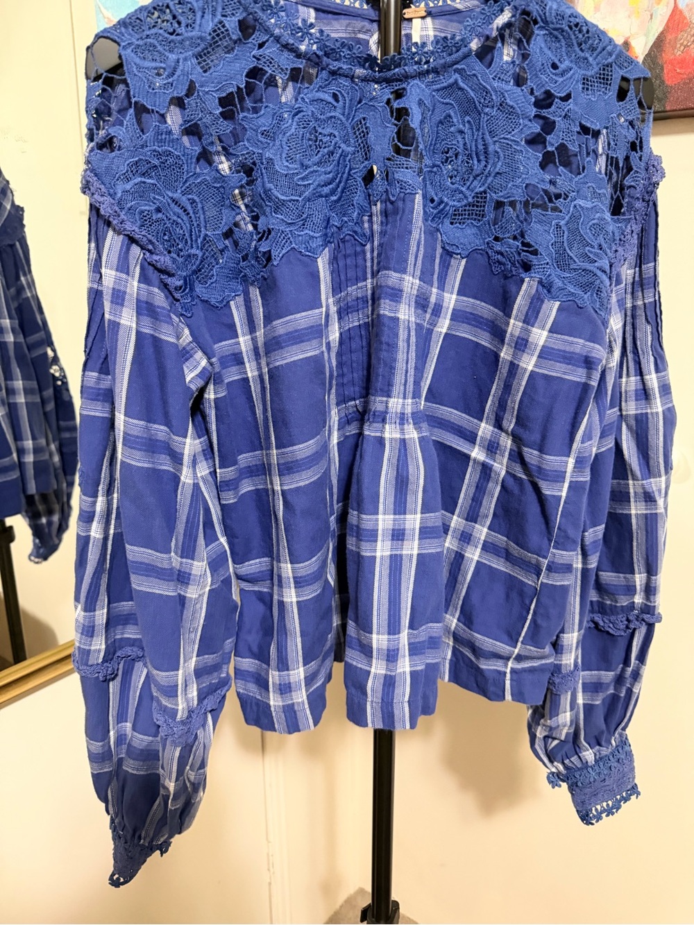 Free People Royal Blue Plaid Lace mmmYoke Blouse